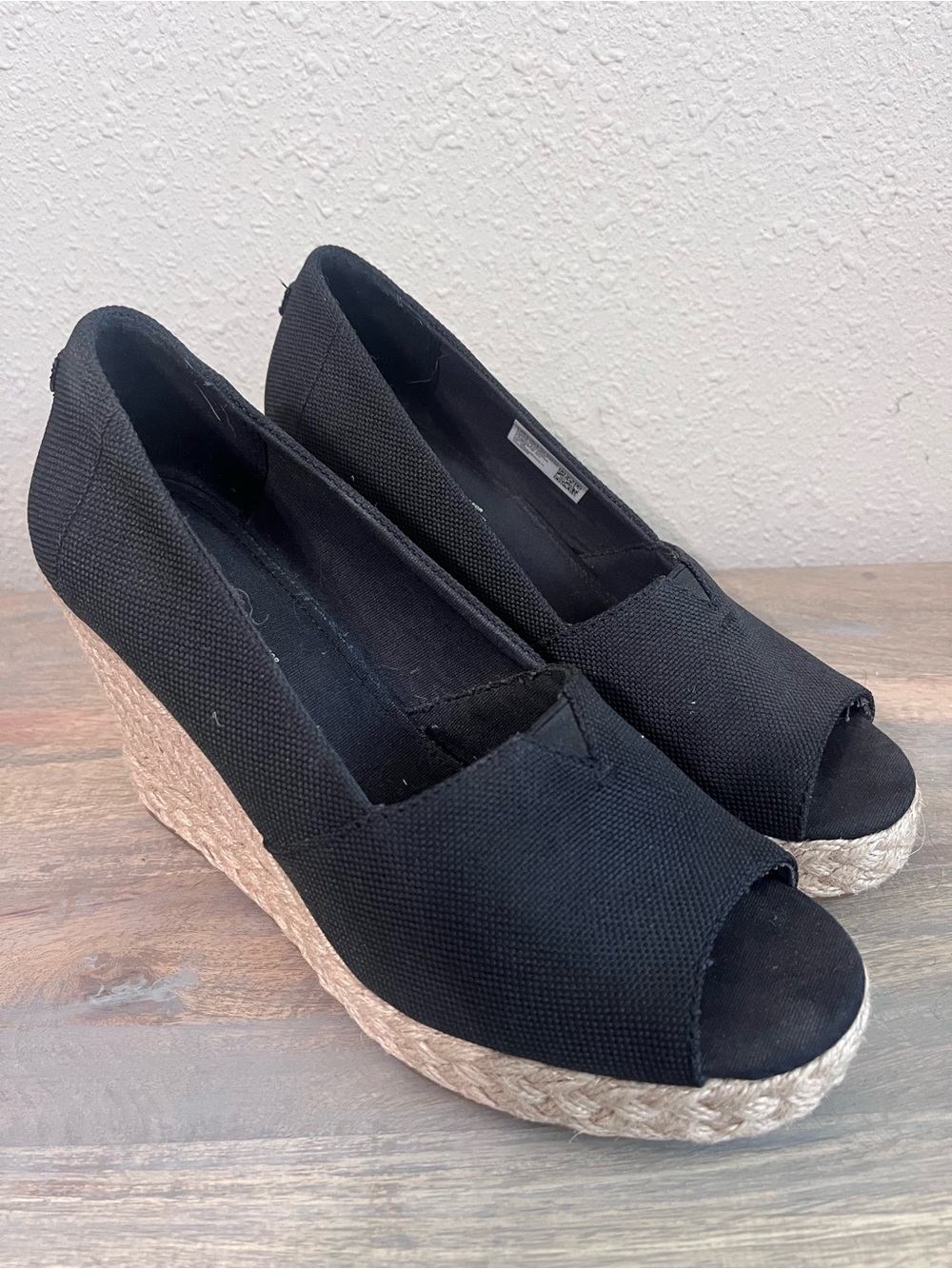 TOMS Black Espadrille Wedge Peep-Toe Women’s Shoes